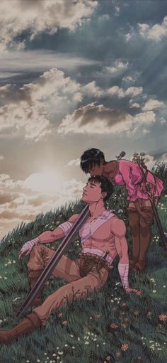 an anime scene with two people in the grass