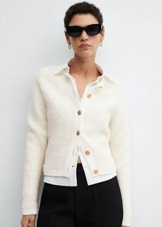 Knitted buttoned jacket - Women | Mango USA Mango Outlet, Tailored Dress, Button Cardigan, Leather Blazer, Sleek Fashion, Jacket Buttons, Knitwear Women, Tweed Jacket, Knit Cardigan