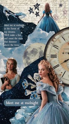 a collage of two women dressed in blue dresses and holding a clock with the words meet me at midnight