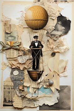 a collage of paper with an image of a man on a hot air balloon