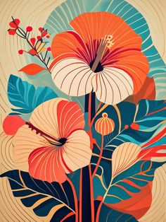 an illustration of flowers and leaves on a beige background with blue, red, orange and white colors