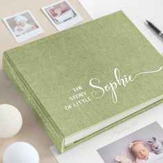 the story of little sophiie book is open on a table with photos and pens