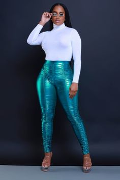 Be Honest Ruched High Waist Pants - Teal Metallic - Swank A Posh Turquoise Pants, Leather Pants Outfit, Metallic Pants, Metallic Leggings, Boutique Store, High Waist Pants, Be Honest, Waist Pants, Clothing Boutique