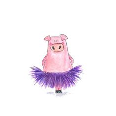 a drawing of a pink pig in a purple skirt