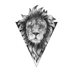 a black and white drawing of a lion's head with triangles in the background