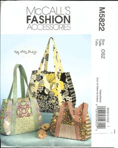McCall's Fashion Accessories 5822, One Size Measurements - See pattern back Have a lot of fetching small remnants? This Kay Whitt Design bag in 3 sizes is the perfect project to put those fabric pieces to use. Imagine the fun you will have coming up with just the right combinations. Almost any medium to heavy weight cotton or cotton blend will work, plus some interfacing and lining fabric. Bags: Package includes patterns and instructions for bags in three sizes: small bag 12" by 8 ½", medium bag 14" by 10 ½", large bag 16 ½" by 13 ½", all bags have contrast sections, inside pockets and lining; measurements are approximate and exclude handles. Era - 2009 Condition - Pattern is uncut, factory folded. Pattern cover is in good condition; normal vintage wear. See scanned images. Please read my Patchwork, Sewing Bag Patterns, Tote Bag Sewing Pattern, Tote Bag Sewing, Bag Free Pattern, Bag Sewing Pattern, Fabric Sewing Patterns, Free Tote, Craft Tote Bag