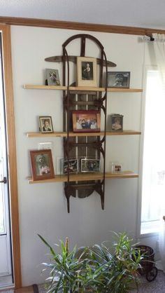 a living room filled with furniture and pictures on the wall next to a potted plant