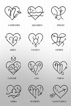 Heart Zodiac Signs - Set of 2 Tato Jari, Pretty Tattoos For Women, Dope Tattoos For Women, Cute Tattoos For Women, Buku Skrap