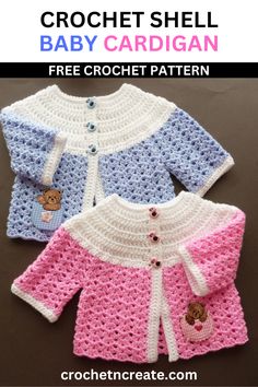 two crocheted baby sweaters with teddy bears on them and the text free croche