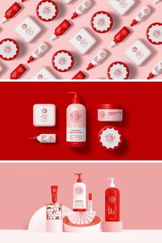 three different red and white banners with various items on them, including soaps, lotion