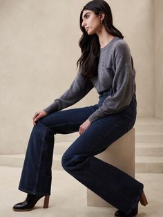 The Relaxed Flare Jean | Banana Republic Wide Leg Cropped Jeans, Petite Shorts, Flare Jean, Banana Republic Jeans, Long Jeans, Denim Flares, Fitted Skirt, Henley Shirts, Polo Dress