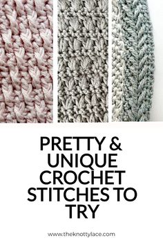 the crochet stitch pattern is shown in three different colors, including grey and white