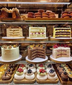 a display case filled with lots of different types of cakes