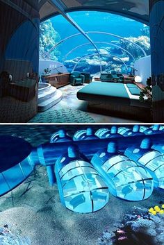 there are two pictures that show the inside of an aquarium and outside of a bedroom