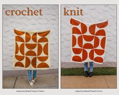 two pictures showing the same person holding up an orange and white knitted blanket that says crochet