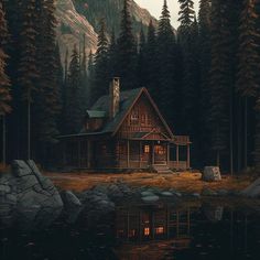 a painting of a cabin in the middle of a forest with rocks and trees around it