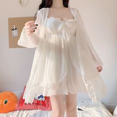 Color: Shirt / Dress / Shirt + Dress Material: Chiffon Size Chart: One size White Lace Nightwear, White Lace Nightgown, Pijamas Women, Chiffon Jacket, Pakaian Feminin, Sleepwear Dress, Lace Nightgown, Night Dress For Women, Sleep Dress