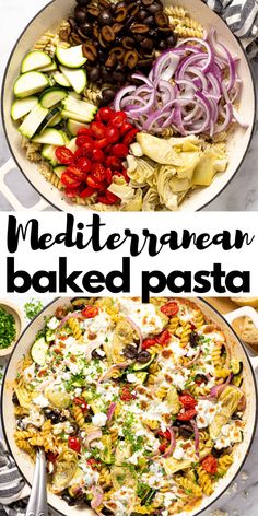 this mediterranean baked pasta is loaded with fresh vegetables, olives, and feta cheese