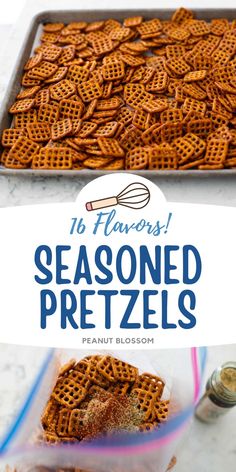 a pan full of seasoned pretzels with the title overlay reading 16 flavors seasoned pretzels