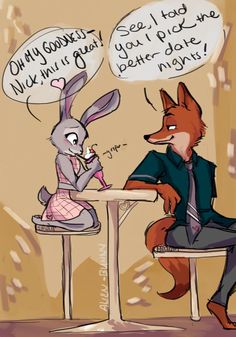 two cartoon characters sitting at a table talking to each other, one with a rabbit on it's head