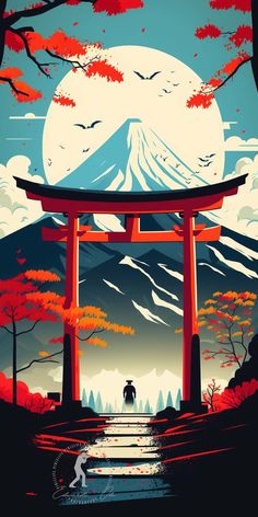 an illustration of a person standing in front of a mountain with red leaves on it