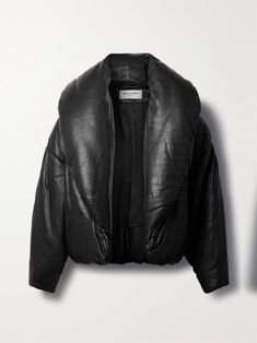 SAINT LAURENT Padded textured-leather jacket Styling Coats, Black Padded Jacket, Normcore Fashion, Shawl Collar Coat, Leather Puffer, Chunky Knitwear, Leather Jacket Black, Padded Jacket, Puffer Coat