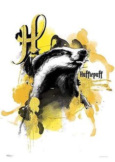 a black and white animal with the letter h on it's back side, in front of a yellow background
