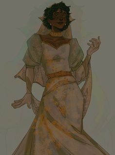 a drawing of a woman in a white dress with her hands out to the side