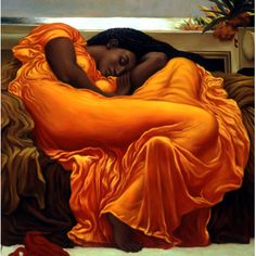 a painting of a woman in an orange dress sleeping on a couch with her eyes closed