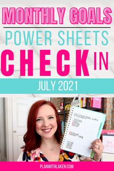 a woman holding up a planner with the text, month - by - month power sheets check in