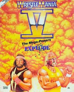 an advertisement for the wwf wrestling tournament featuring two men in front of a fiery sky