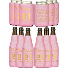 six pink bottles with gold lettering and numbers on the side, all labeled 21st birthday