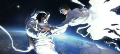 two people in space suits holding hands with the earth in the background and stars above them