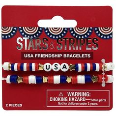 three bracelets with stars and stripes on them in red, white, and blue