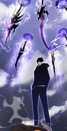 an anime character standing on top of a rock under some lightning clouds with his hands in the air