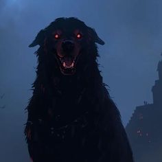 a black dog with glowing red eyes standing in front of a clock tower