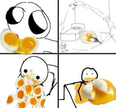 four pictures of eggs being boiled in the shape of an egg shell and then fried