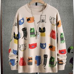 Sweater Cats Size Large Small And Medium New Tela, Cat Graffiti, Lazy Sweater, Graffiti Fashion, Crew Neck Sweaters, Cat Sweater, Cat Sweaters, Men's Knit, Beige Sweater