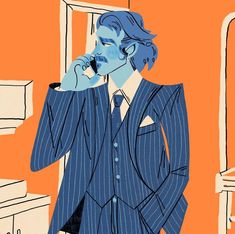 an illustration of a man in a suit talking on a cell phone while standing next to a window