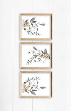 three framed art pieces with flowers and leaves on them hanging on a white wooden wall