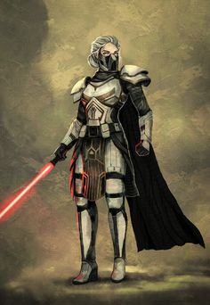 a star wars character holding a red light saber in his right hand and wearing armor