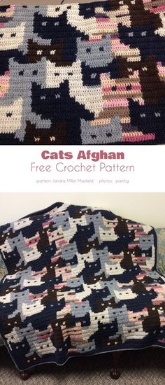 the cat afghan has been made with crochet and is ready to be finished