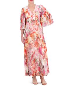 Vince Camuto-Floral-Print Pleated Bell-Sleeve Maxi Dress - Crafted of airy, floral-print chiffon, this floaty maxi dress features a pretty, pleated skirt and voluminous, semi-sheer bell sleeves. The dress features a V neckline and smocked empire waist. Pair it with platform wedge sandals for an effortless weekend-getaway look. Floaty Maxi Dress, Print Chiffon Maxi Dress, Maxi Design, Handkerchief Hem Dress, Modest Fits, Pleated Chiffon, Floral Print Chiffon, Pink Floral Print, Dress Crafts