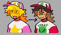 two cartoon characters with different colored shirts and hats