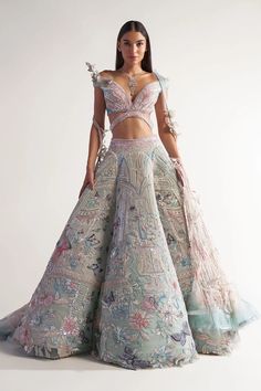 Two Layer Lehenga, Indian Latest Dresses Style, Periwinkle Lehenga, Engagement Outfit Indian, Net Designer Dresses, Engagement Lehengas, Unique Lehenga Designs, Gopi Skirts