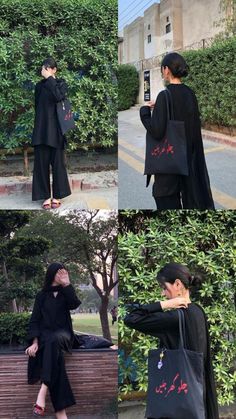 four pictures of women in black clothing and one is holding a shopping bag while the other has her hand on her shoulder