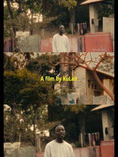 a man standing in front of a building with trees and bushes behind him is the caption that reads, a film by kulai