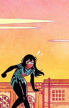 an illustration of a woman skateboarding in front of a building with the sun behind her