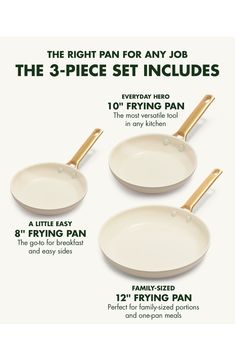 three frying pans with gold handles are shown in this ad for the 3 piece set