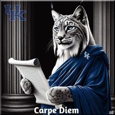 an image of a cat reading a book with the words carpe diem on it